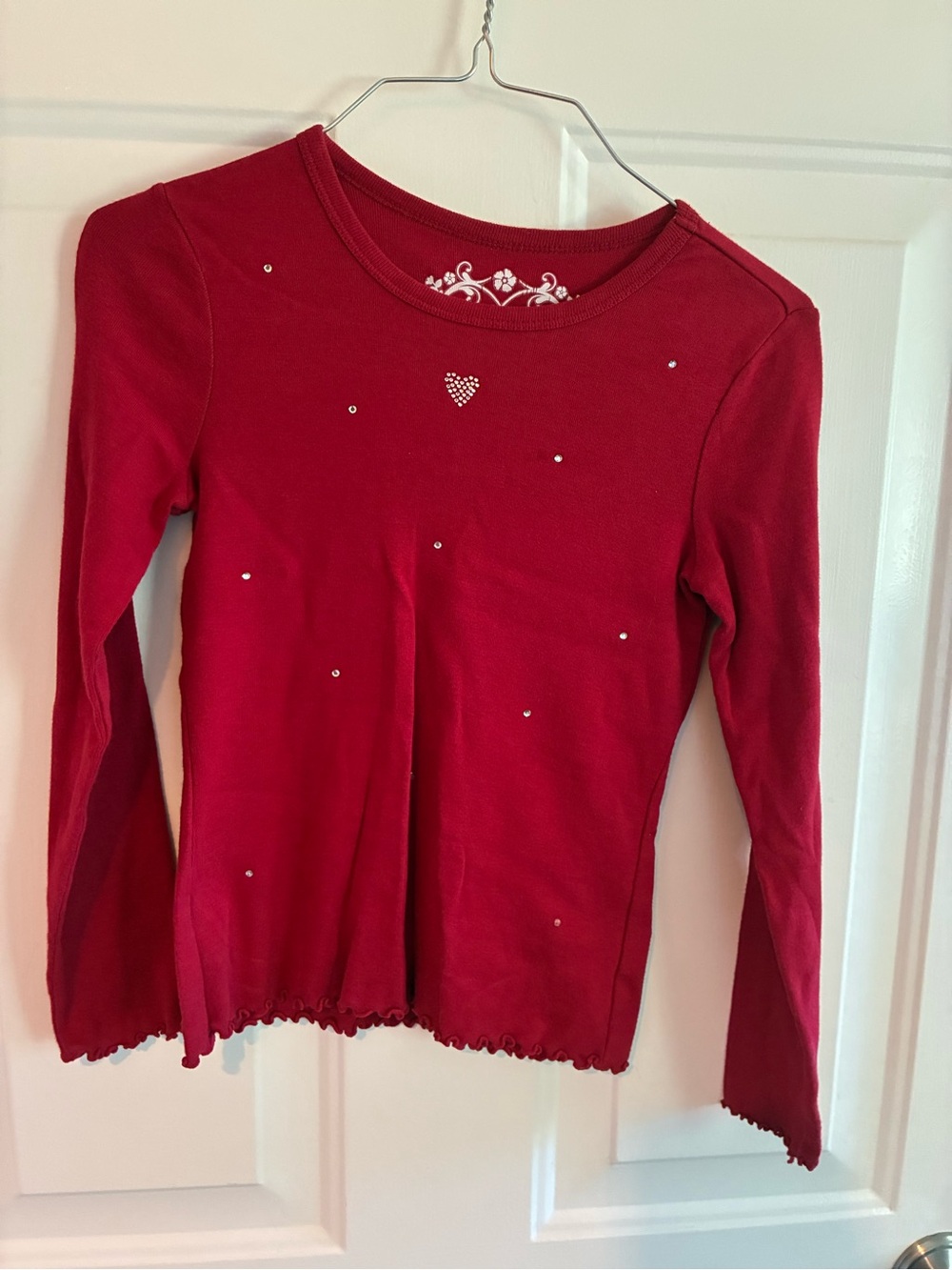 Place Red Long Sleeve Top with Rhinestone Heart
